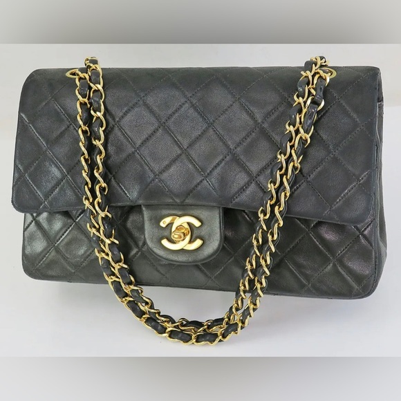 SOLD Auth CHANEL Double Flap Black Quilted Leather Gold Chain Shoulder Bag - Picture 2 of 13